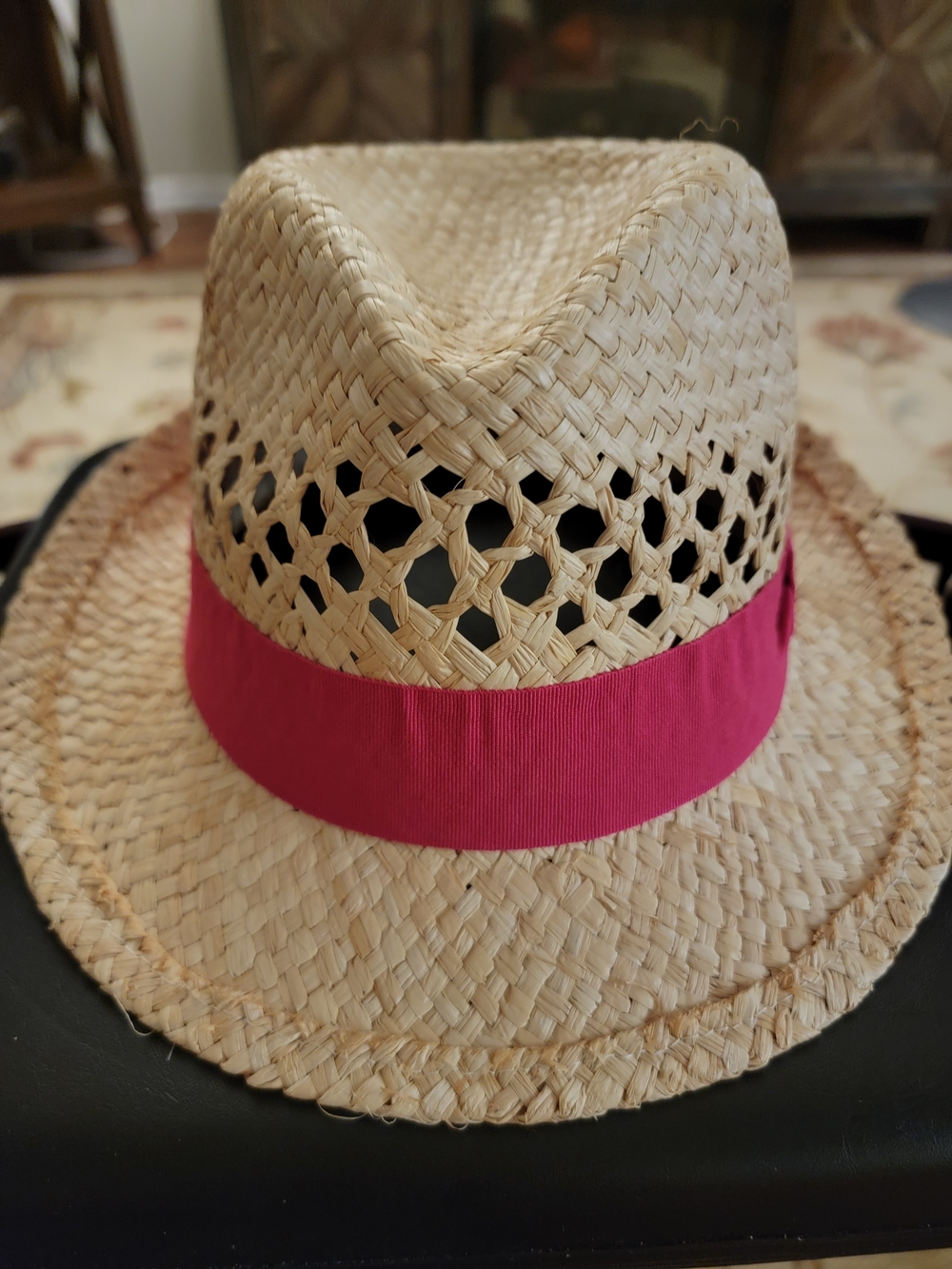 Womens Straw Fedora Hat with Pink Band -